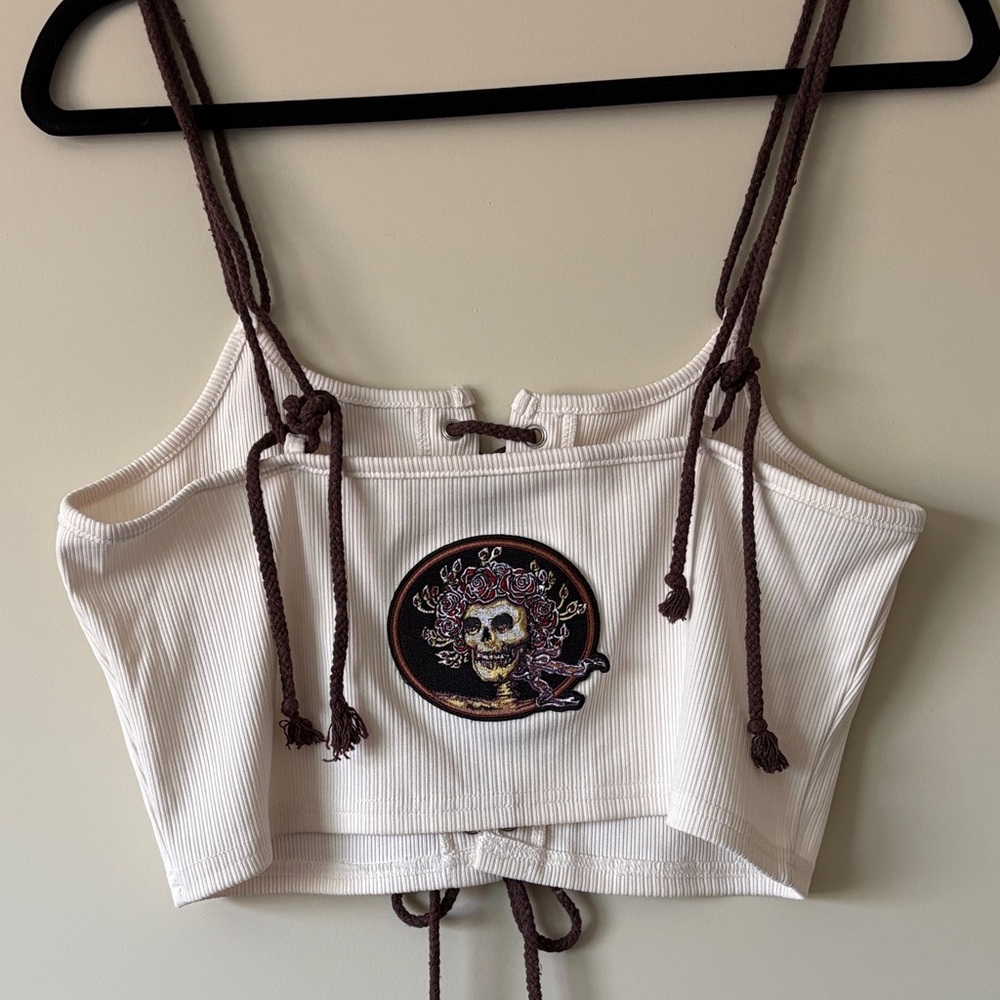 Grateful Dead inspired “Bertha” Cream Ribbed Crop Top with Skull Patch